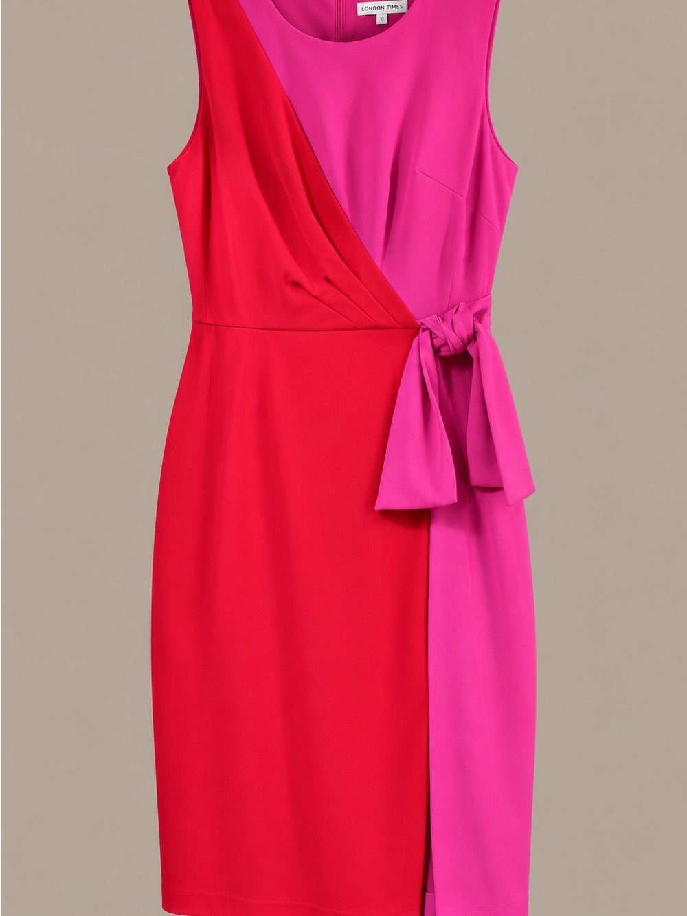 Sandra Darren Two-Tone Fuchsia and Red Sleeveless Wrap Midi Dress